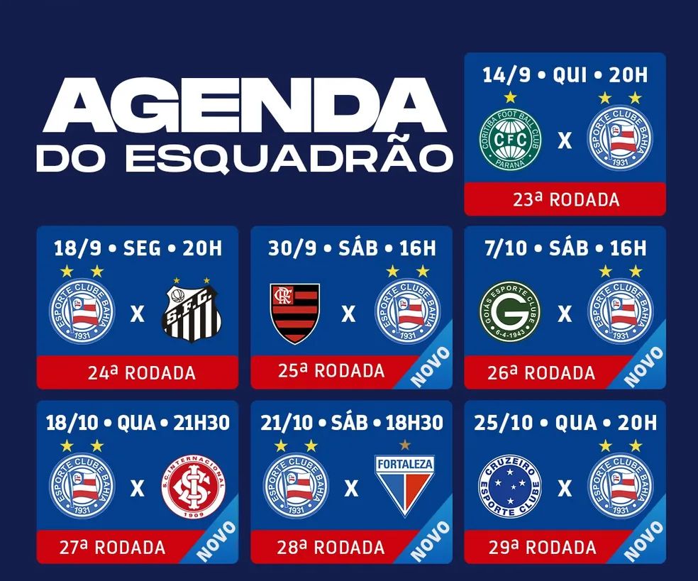 CBF detalha tabela de jogos do Bahia até a 29ª rodada da Série A